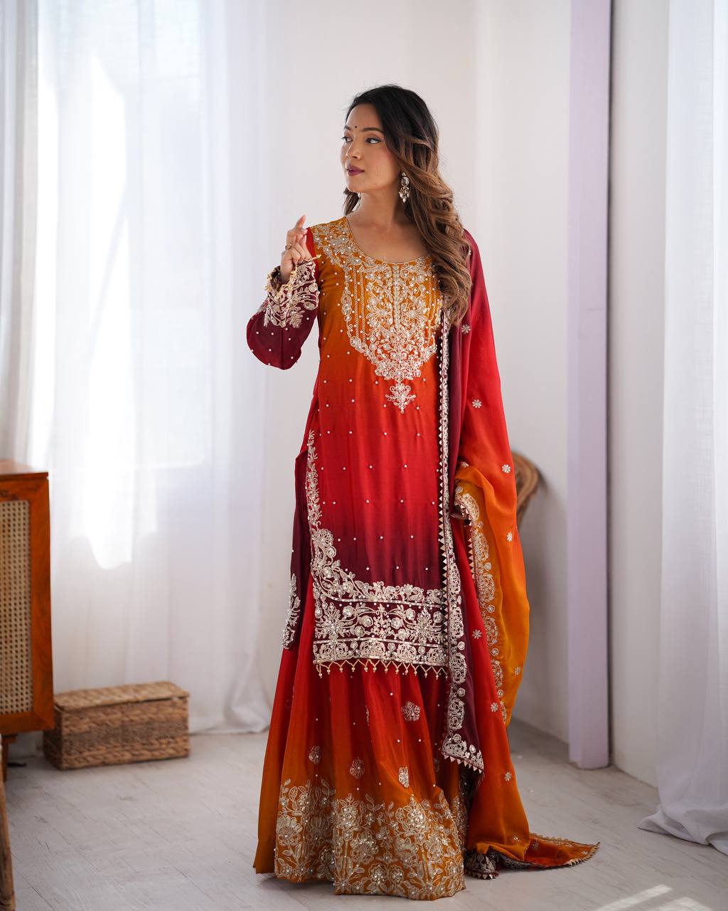 Embroidered Chinon Silk Kurta Plazzo Dupatta Set for Women