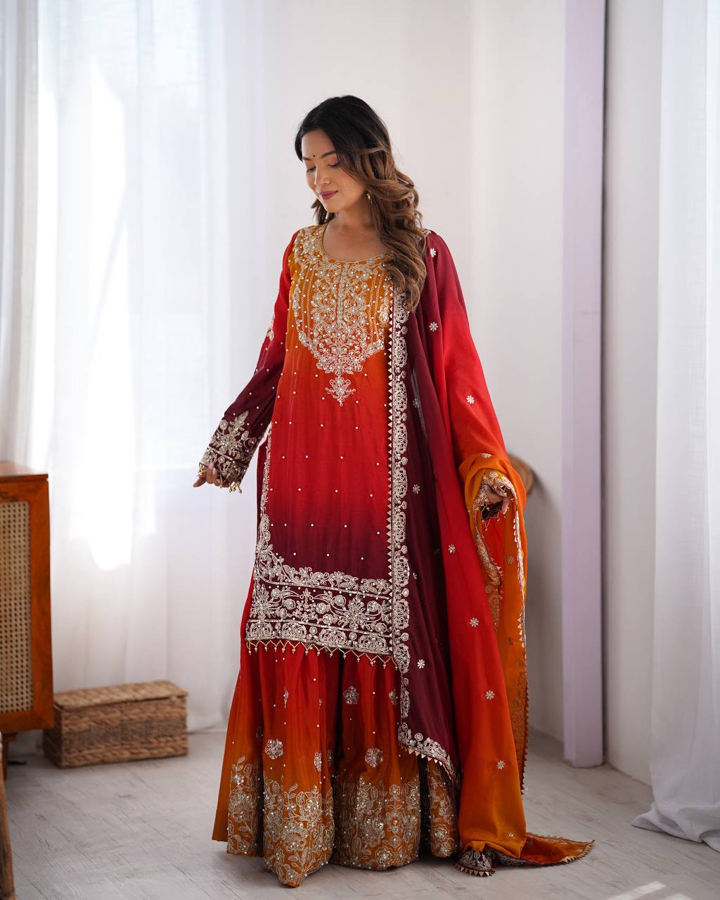 Embroidered Chinon Silk Kurta Plazzo Dupatta Set for Women
