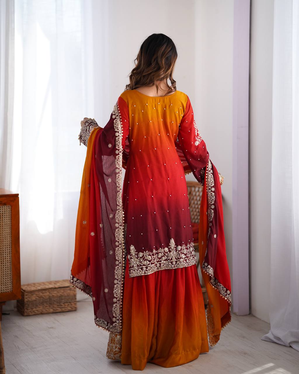 Embroidered Chinon Silk Kurta Plazzo Dupatta Set for Women