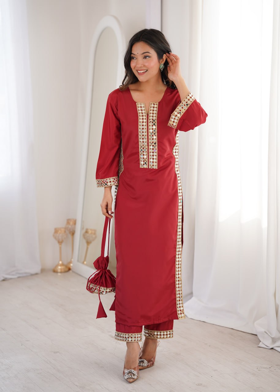 Natural Crepe Mirror Work Kurti Pant Set with Batwa for Women