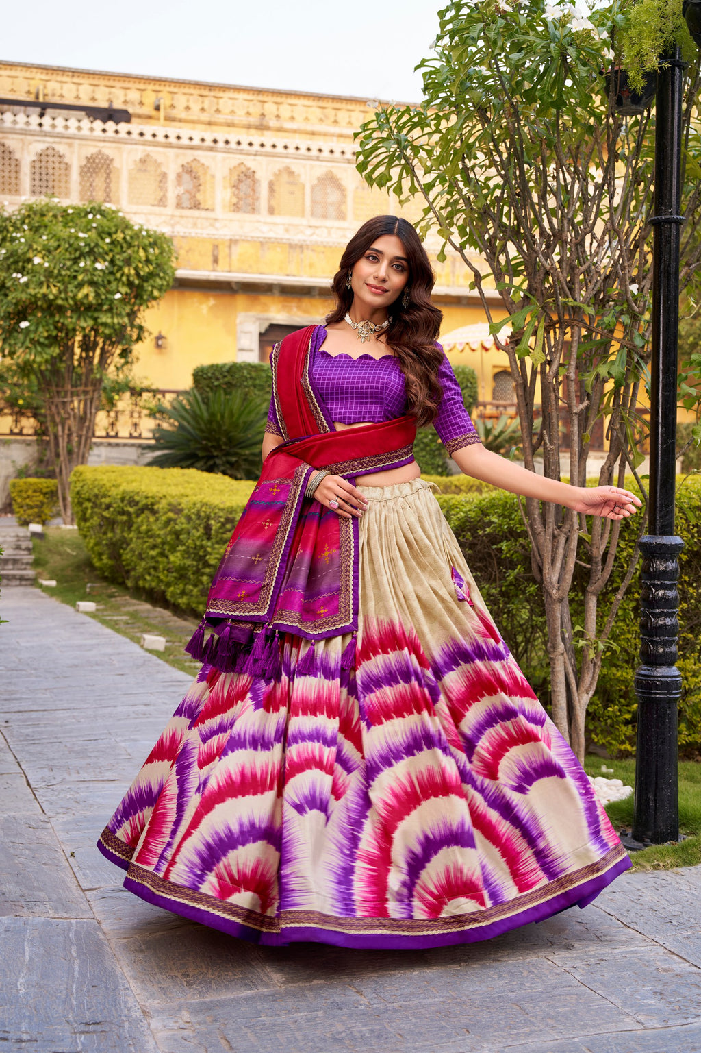 Tasar Silk Tie-Dye Lehenga Choli Set with Lace Border Dupatta