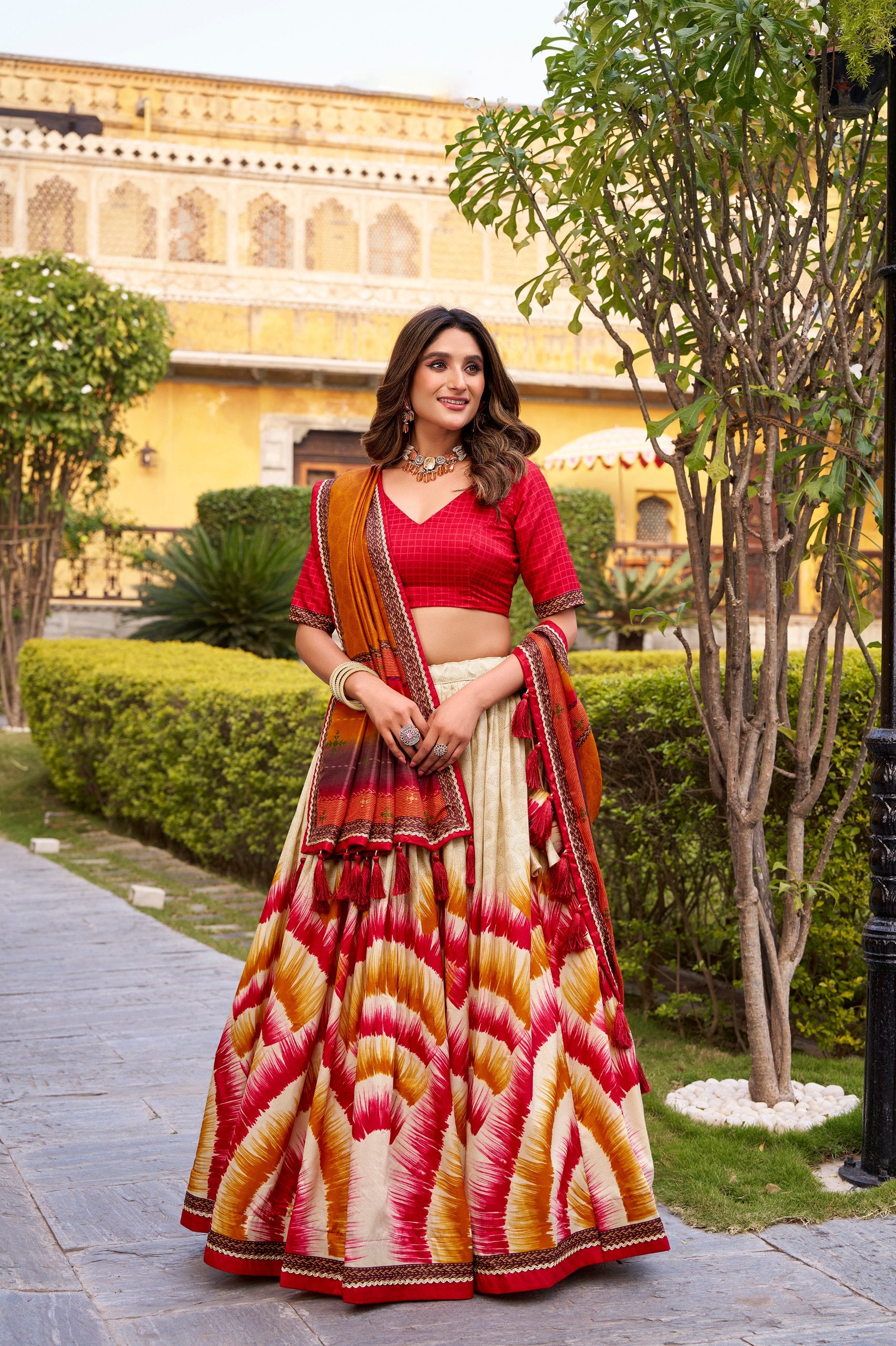 Tasar Silk Tie-Dye Lehenga Choli Set with Lace Border Dupatta