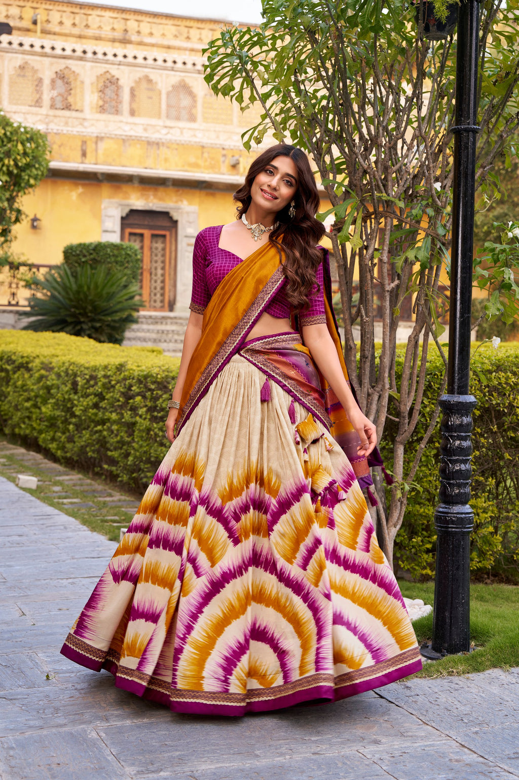 Tasar Silk Tie-Dye Lehenga Choli Set with Lace Border Dupatta