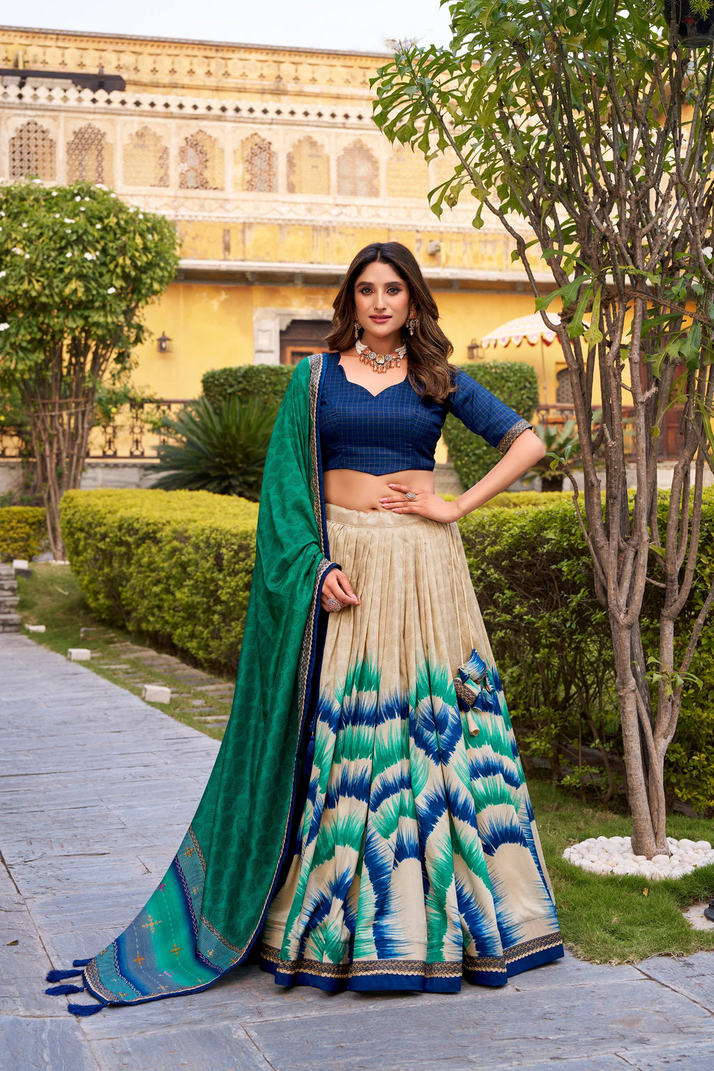 Tasar Silk Tie-Dye Lehenga Choli Set with Lace Border Dupatta