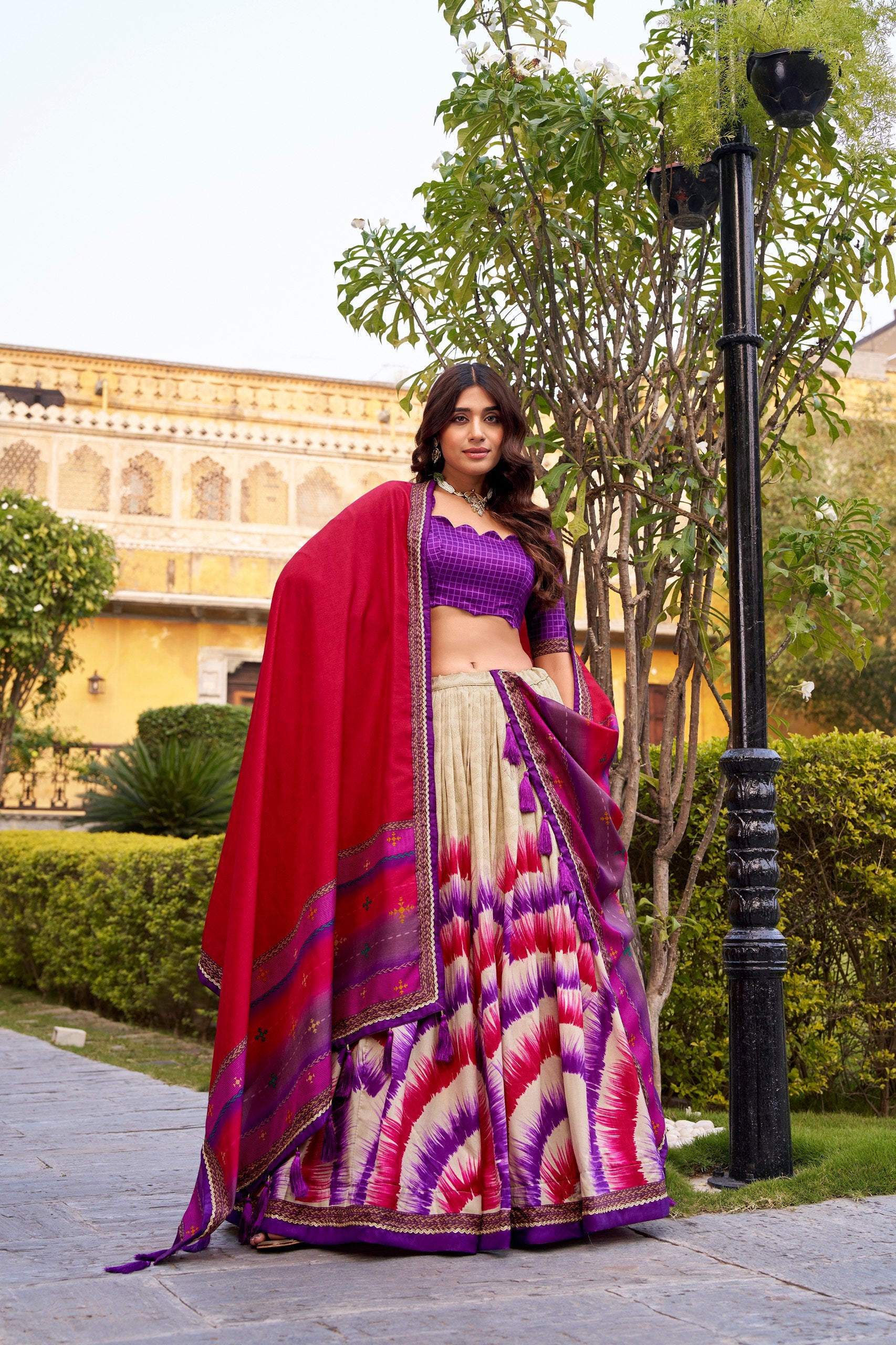 Tasar Silk Tie-Dye Lehenga Choli Set with Lace Border Dupatta