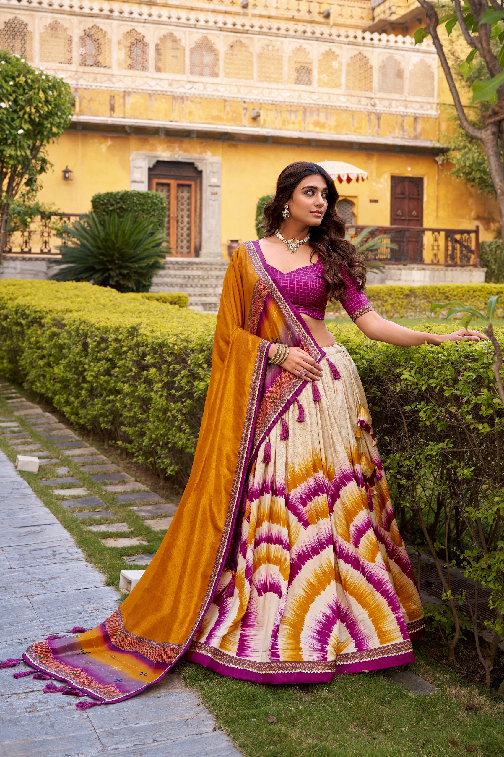 Tasar Silk Tie-Dye Lehenga Choli Set with Lace Border Dupatta