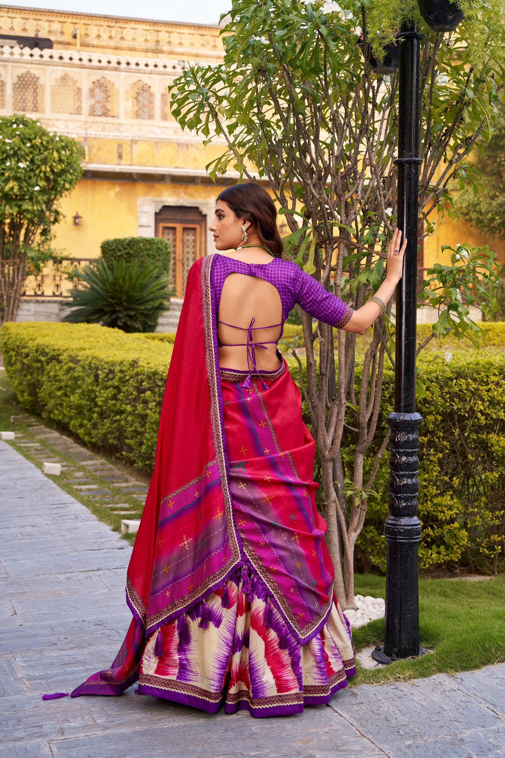 Tasar Silk Tie-Dye Lehenga Choli Set with Lace Border Dupatta