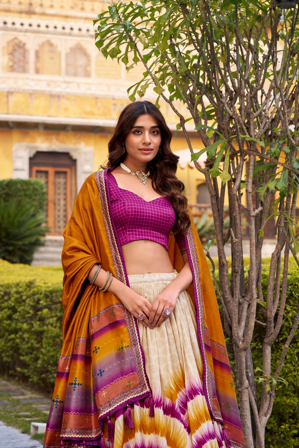 Tasar Silk Tie-Dye Lehenga Choli Set with Lace Border Dupatta