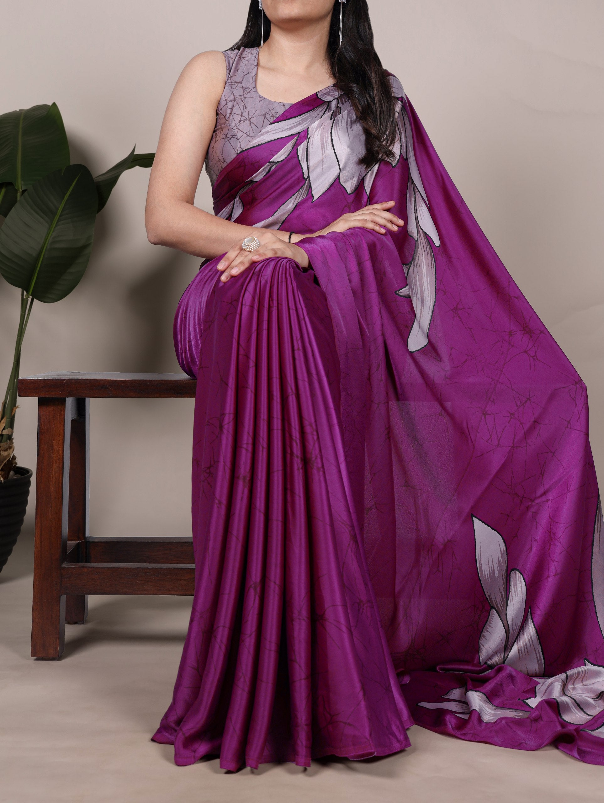Floral Printed Satin Silk Saree with Unstitched Blouse