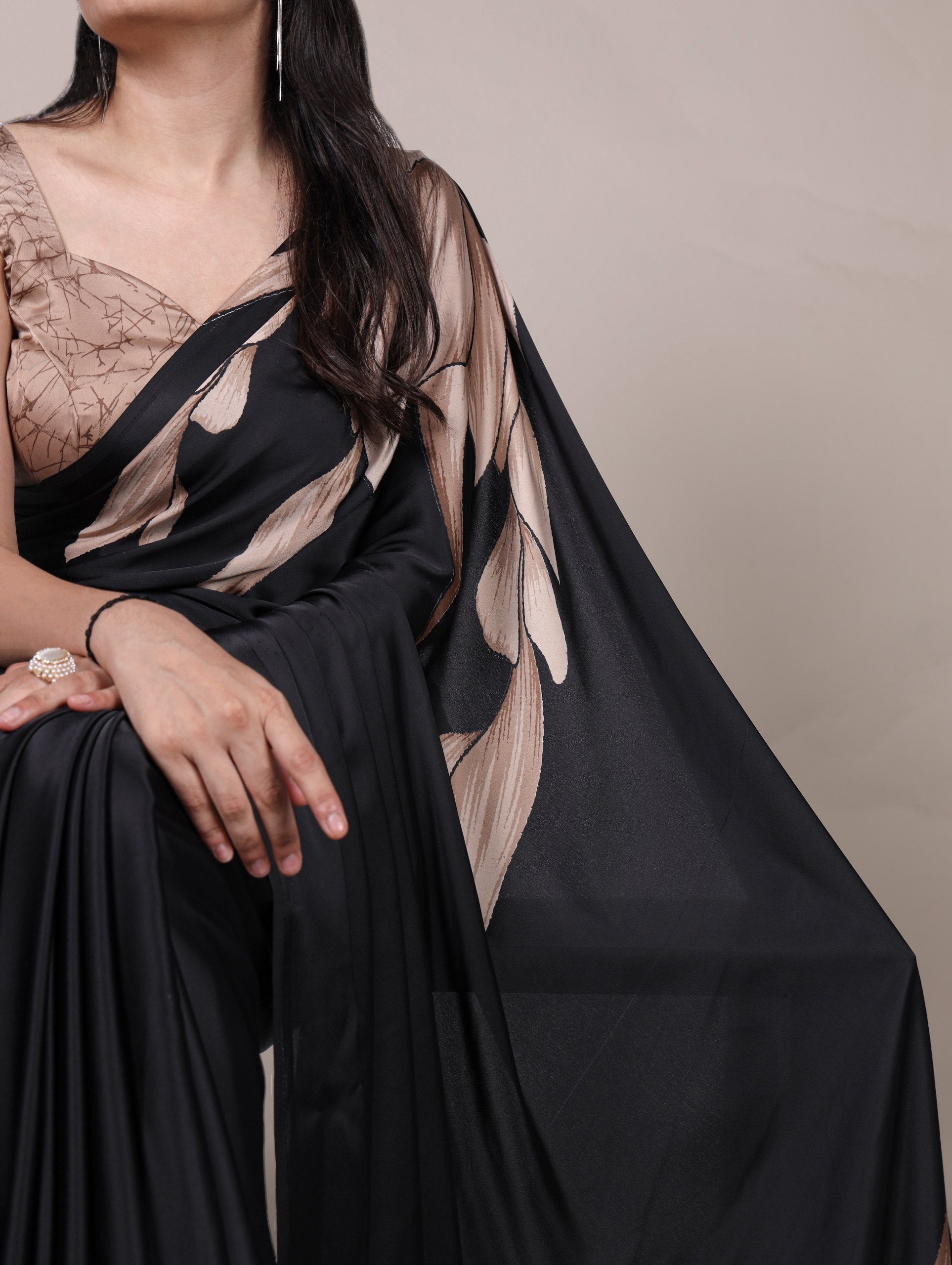 Floral Printed Satin Silk Saree with Unstitched Blouse