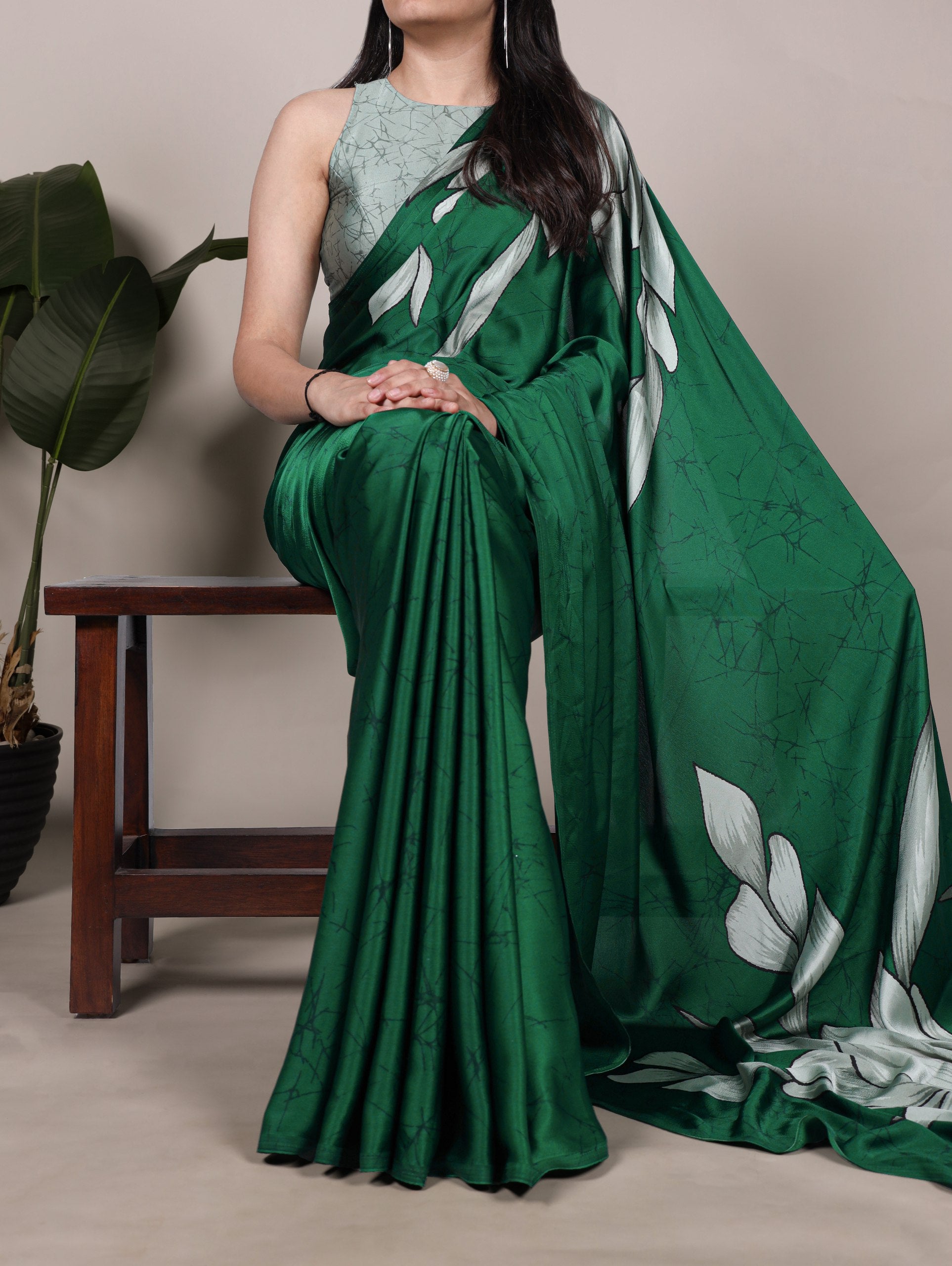 Floral Printed Satin Silk Saree with Unstitched Blouse
