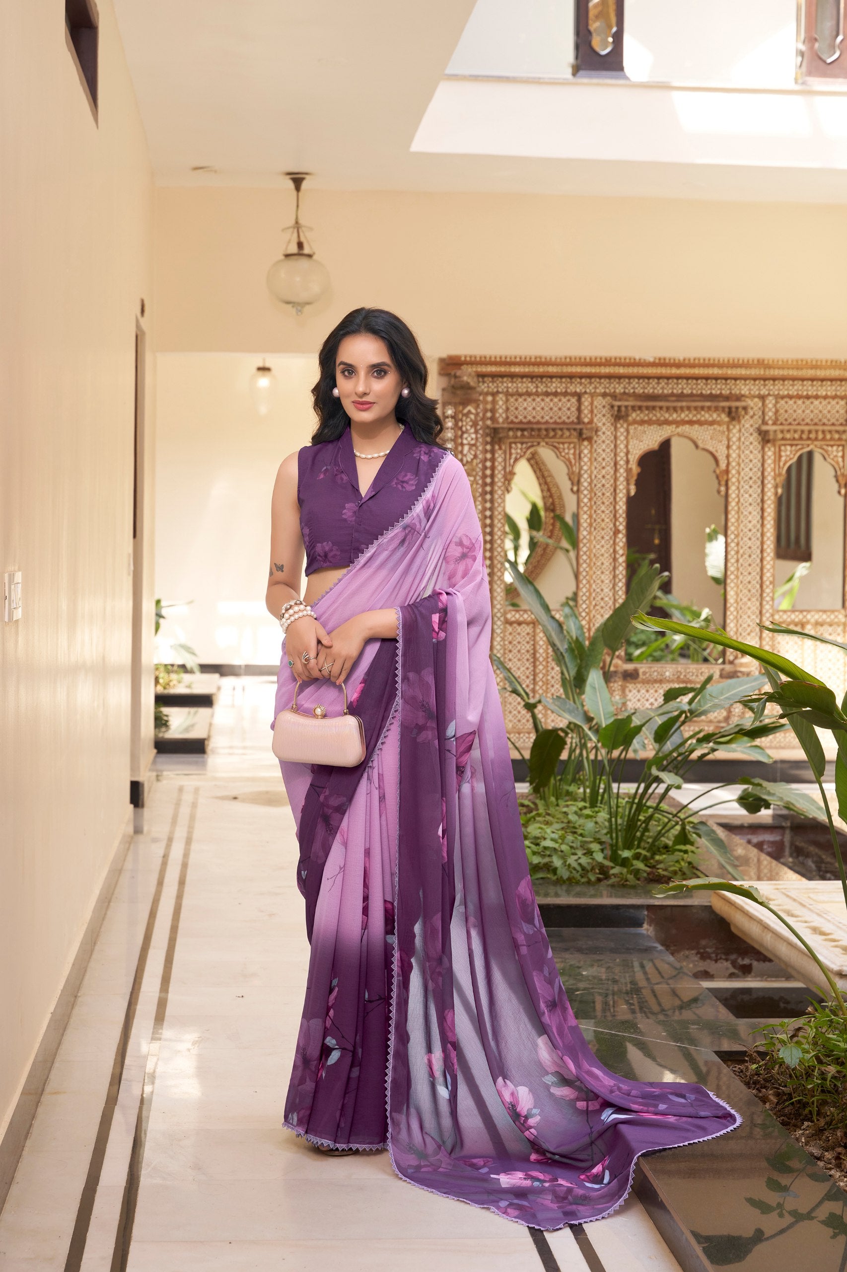 Floral Printed Weightless Marble Saree with Lace Border