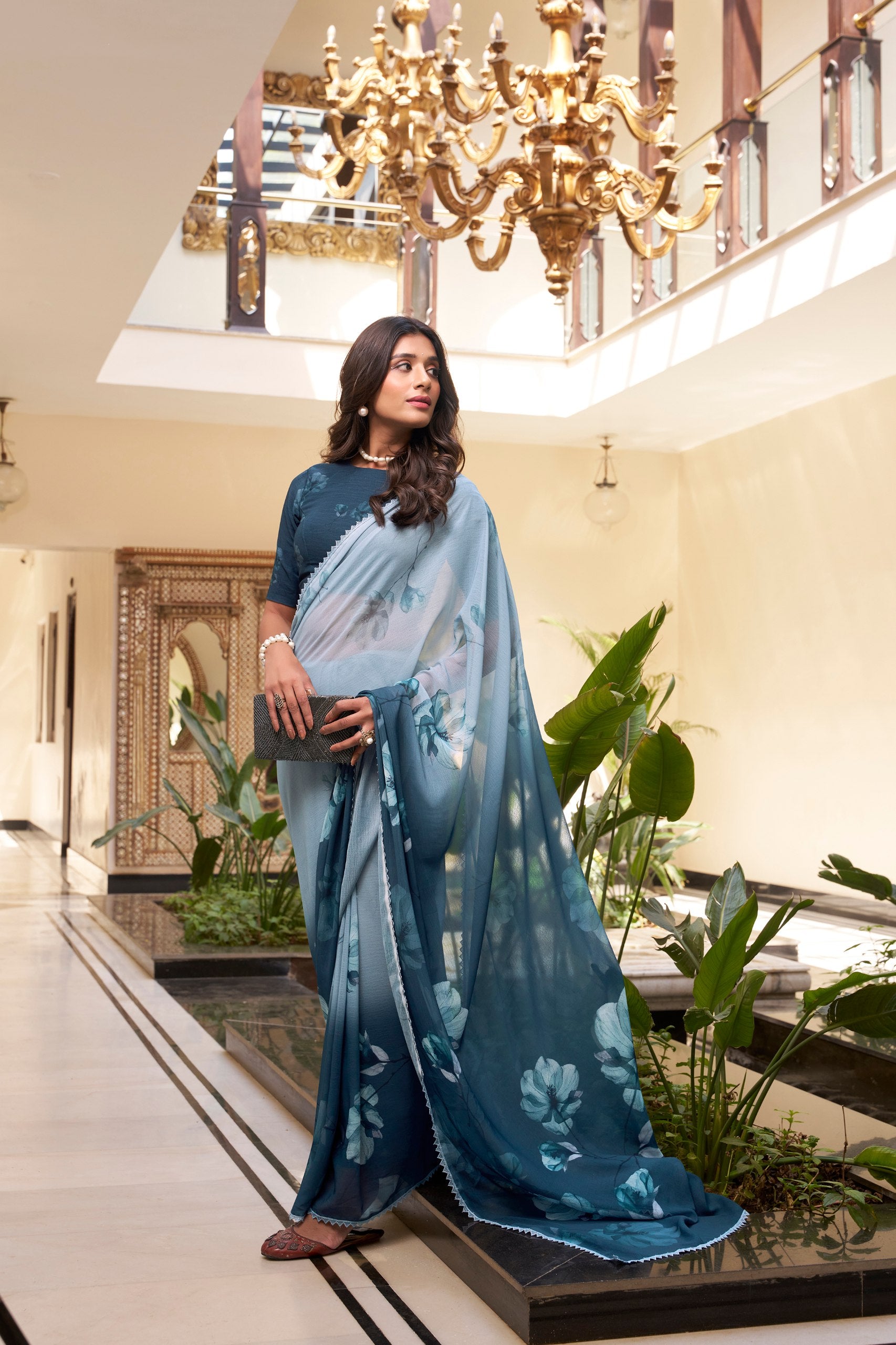 Floral Printed Weightless Marble Saree with Lace Border