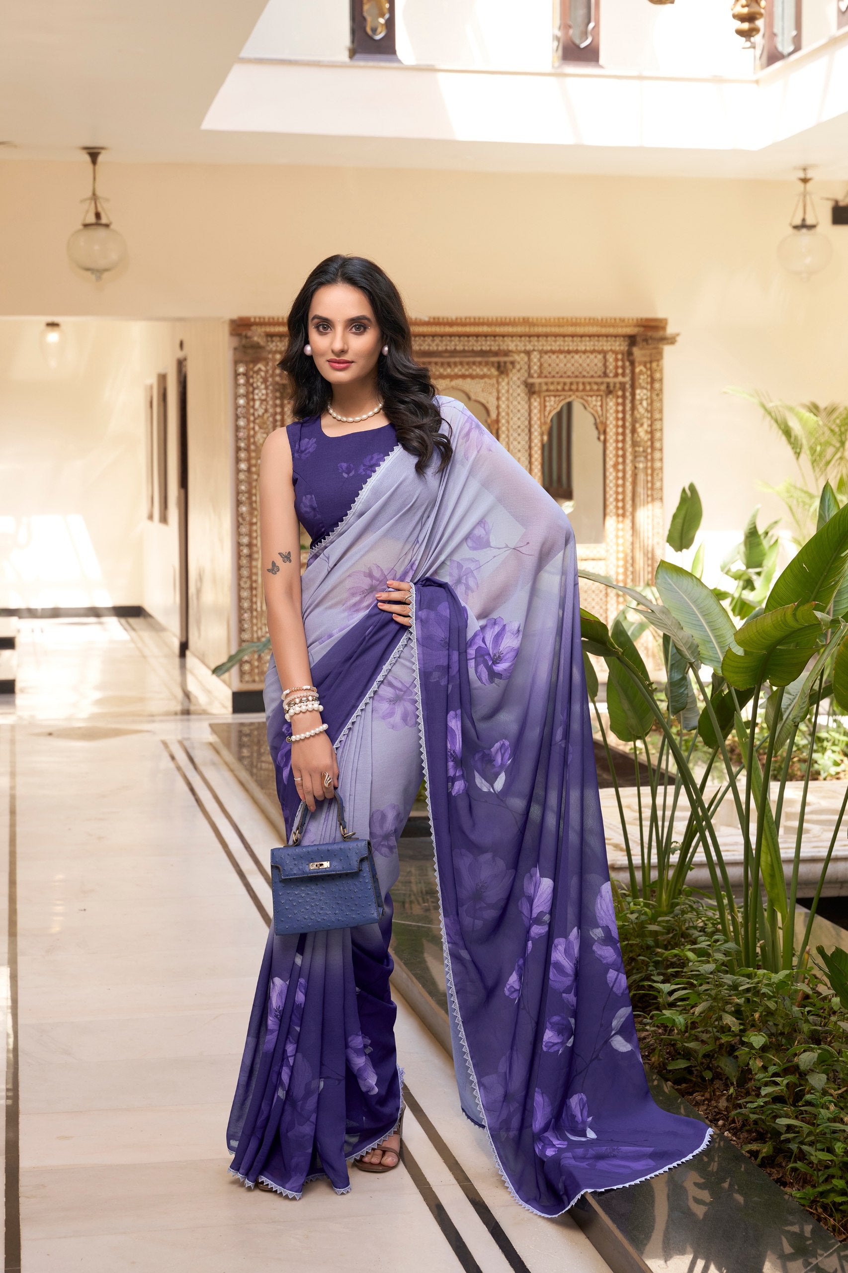 Floral Printed Weightless Marble Saree with Lace Border