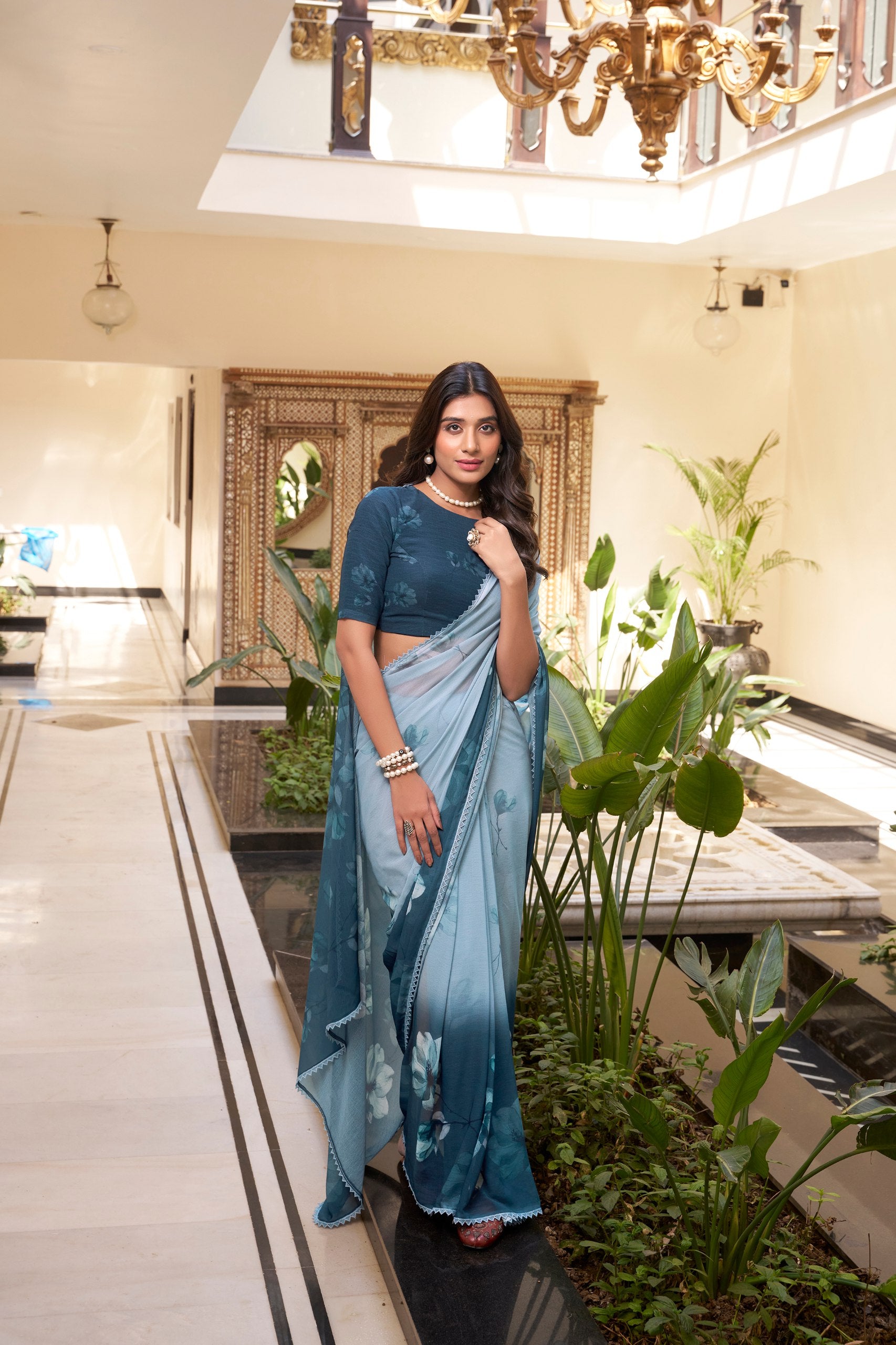 Floral Printed Weightless Marble Saree with Lace Border