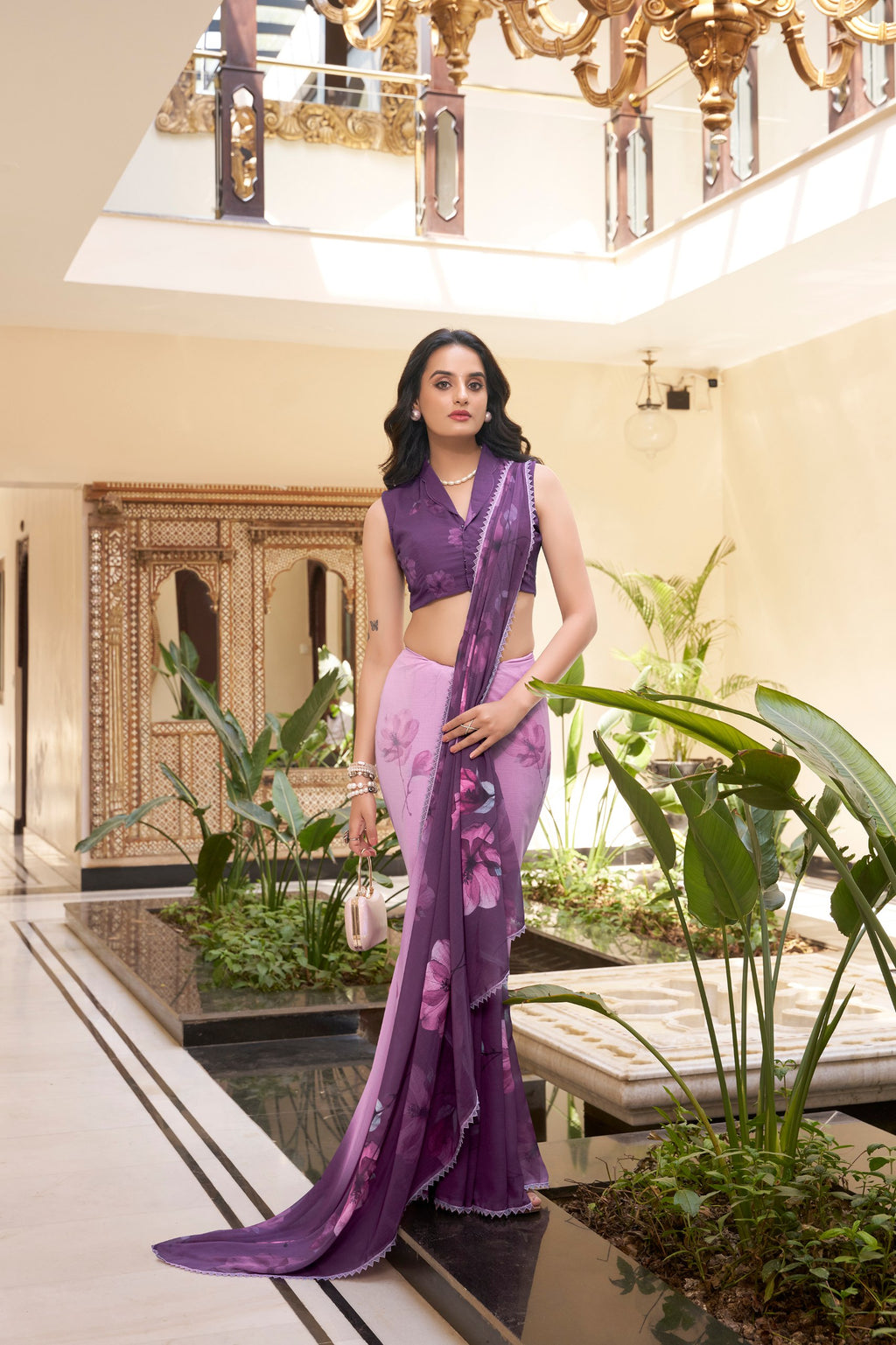 Floral Printed Weightless Marble Saree with Lace Border