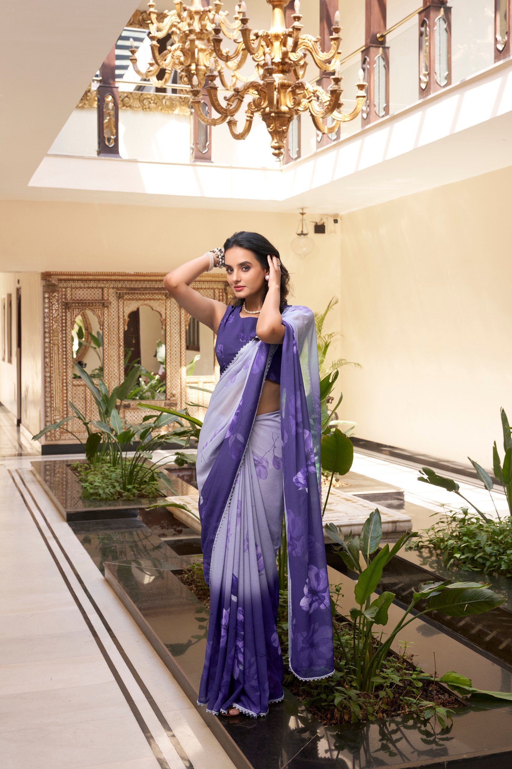 Floral Printed Weightless Marble Saree with Lace Border
