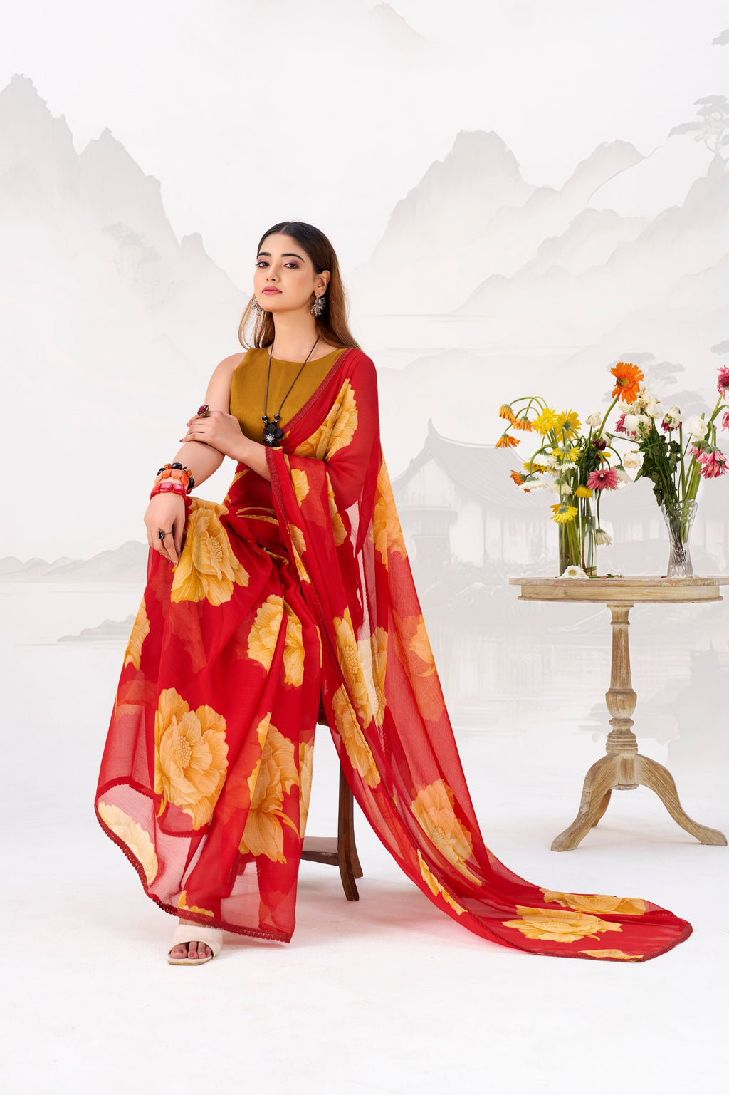 Floral Printed Chiffon Saree with Lace Border