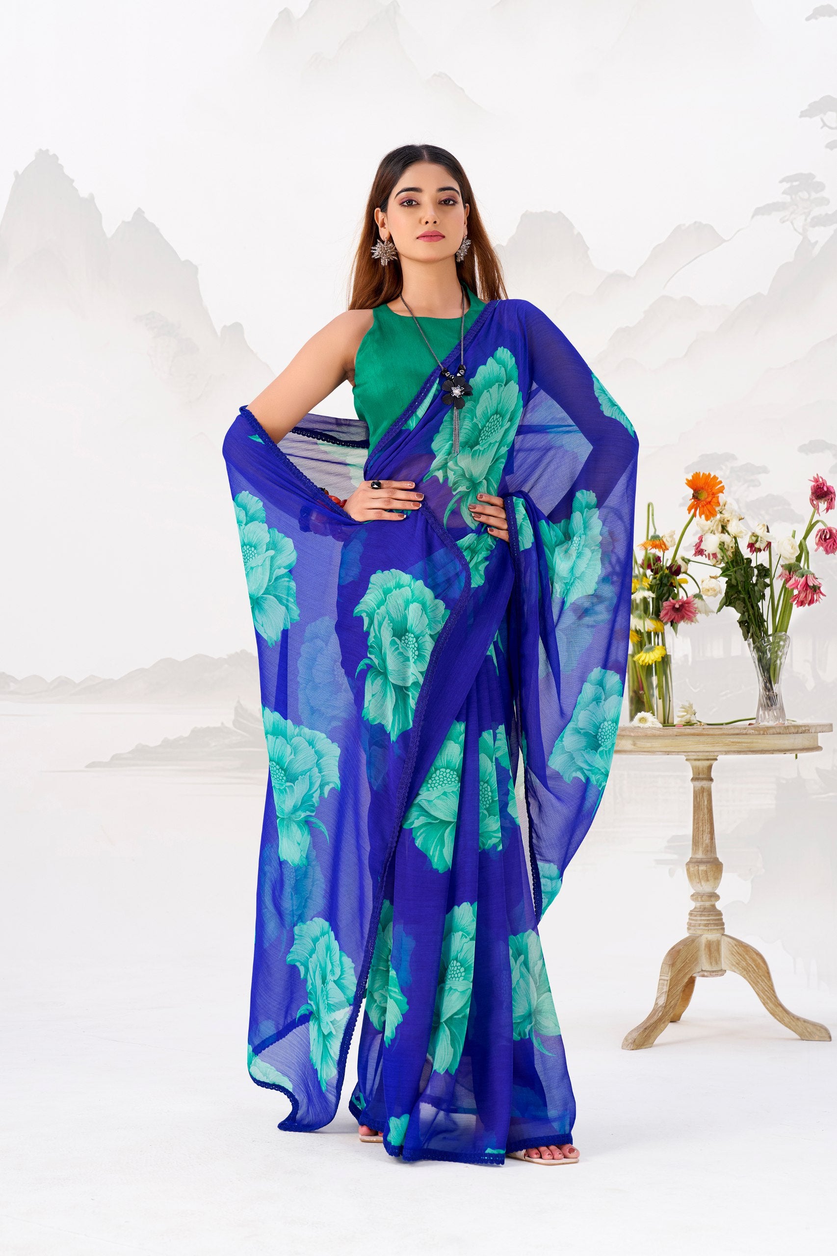 Floral Printed Chiffon Saree with Lace Border