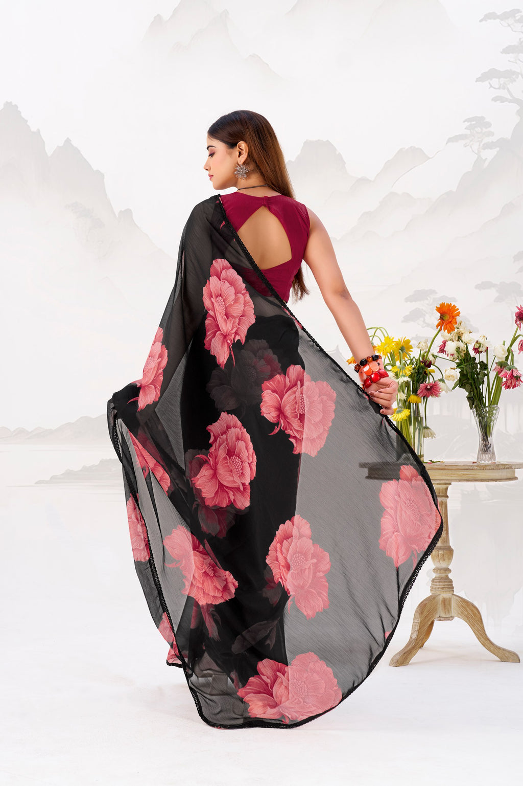 Floral Printed Chiffon Saree with Lace Border