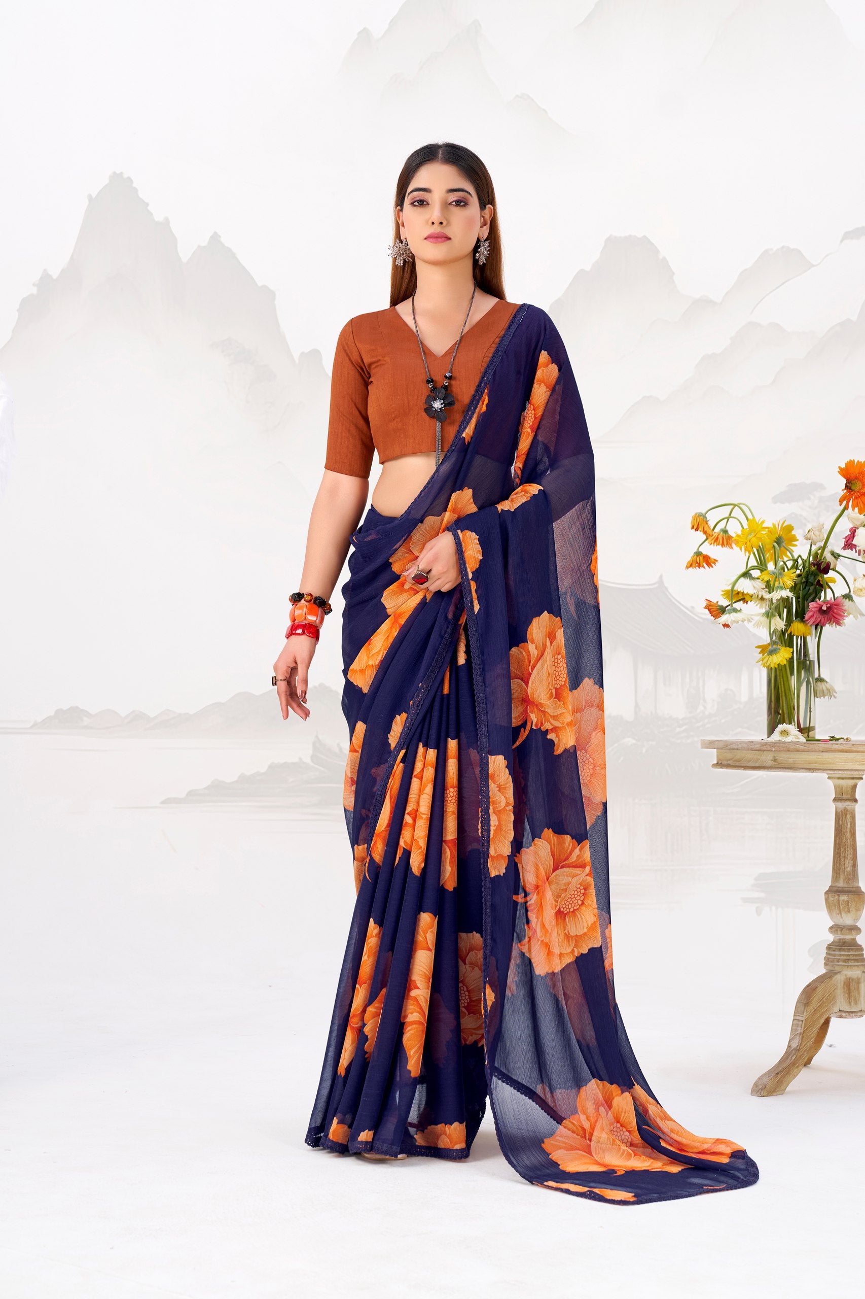 Floral Printed Chiffon Saree with Lace Border