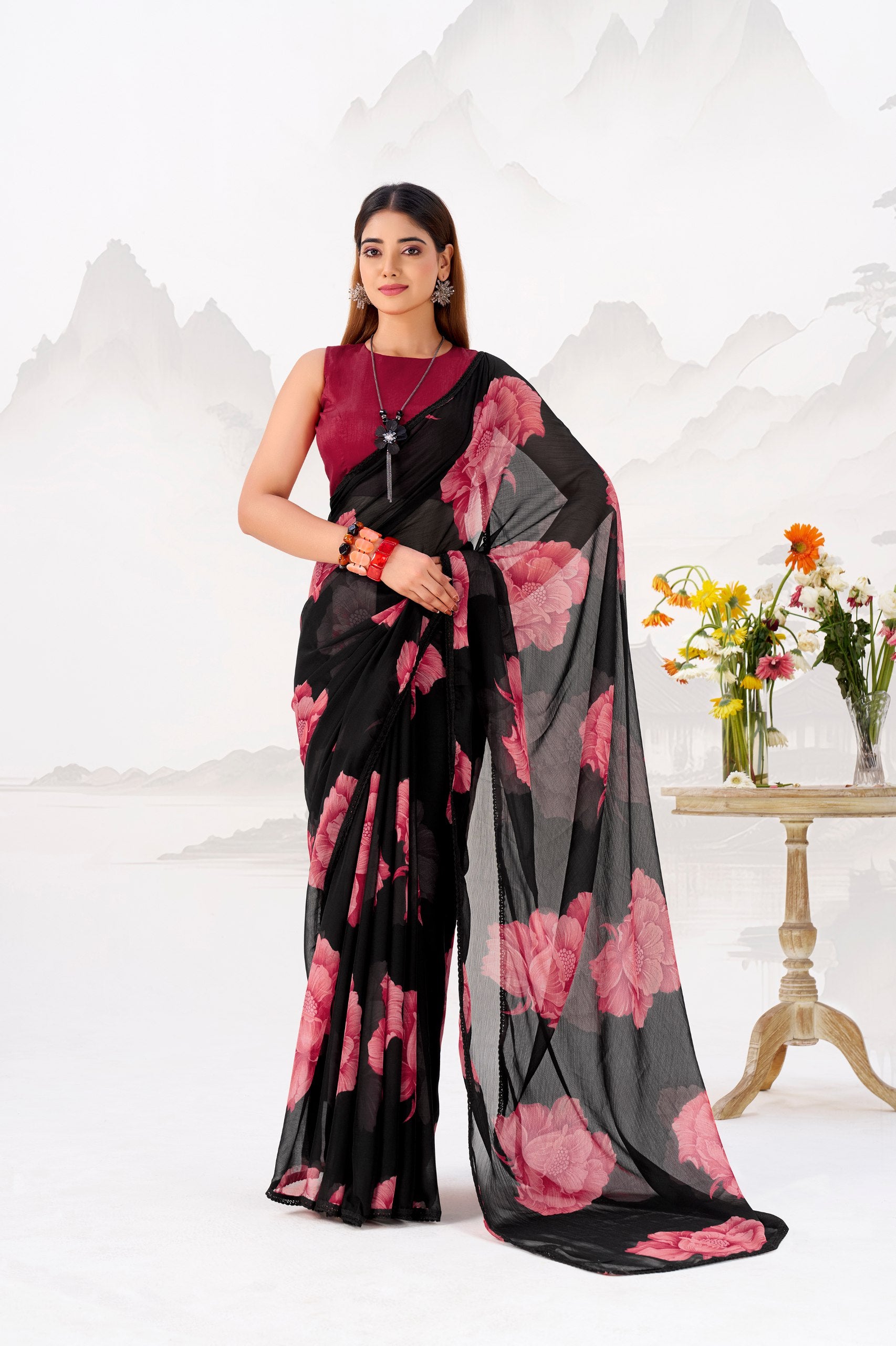 Floral Printed Chiffon Saree with Lace Border
