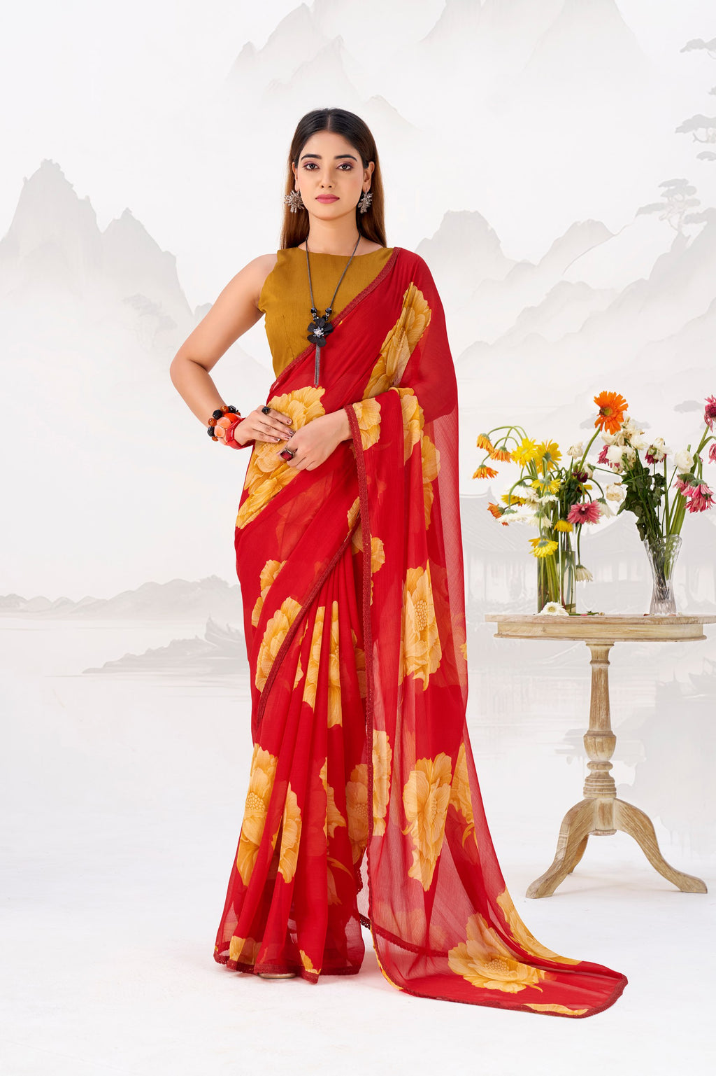 Floral Printed Chiffon Saree with Lace Border