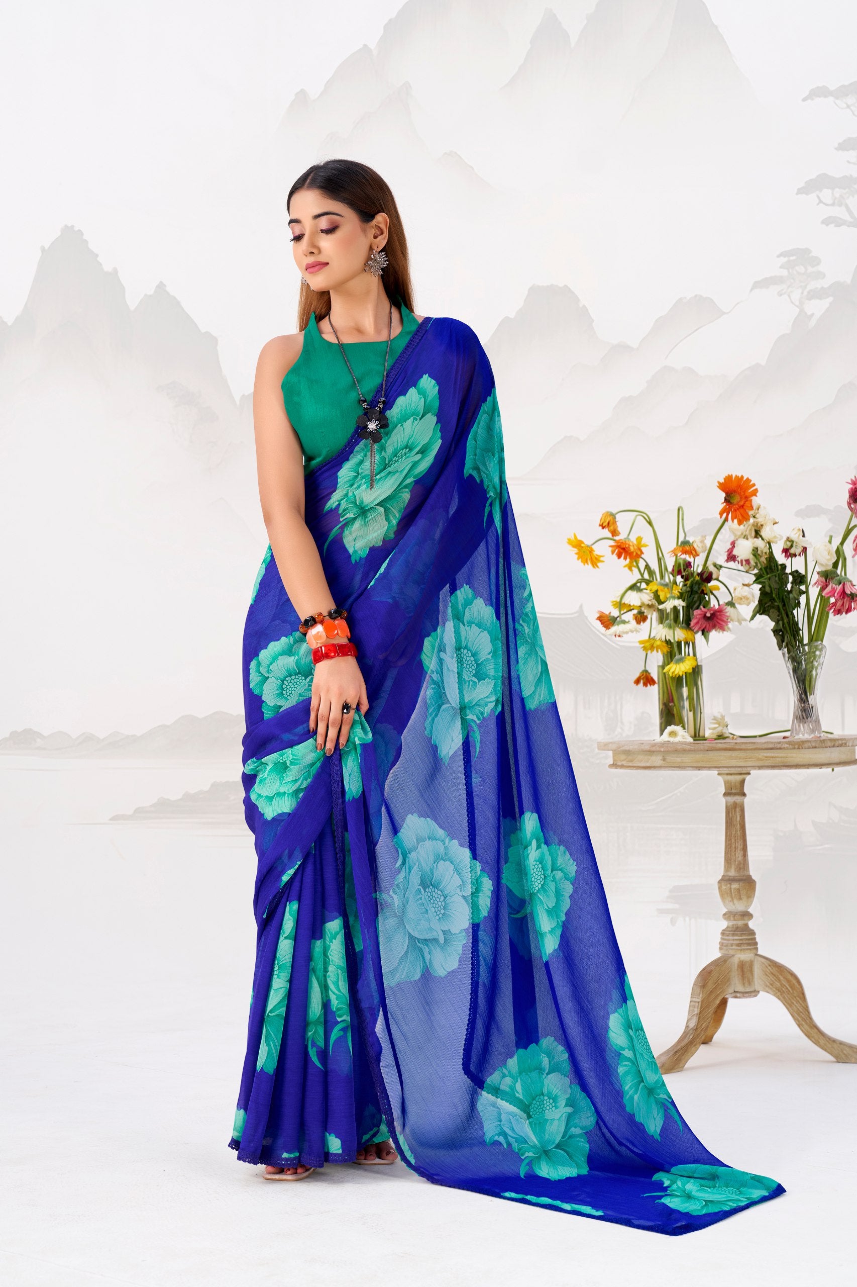 Floral Printed Chiffon Saree with Lace Border