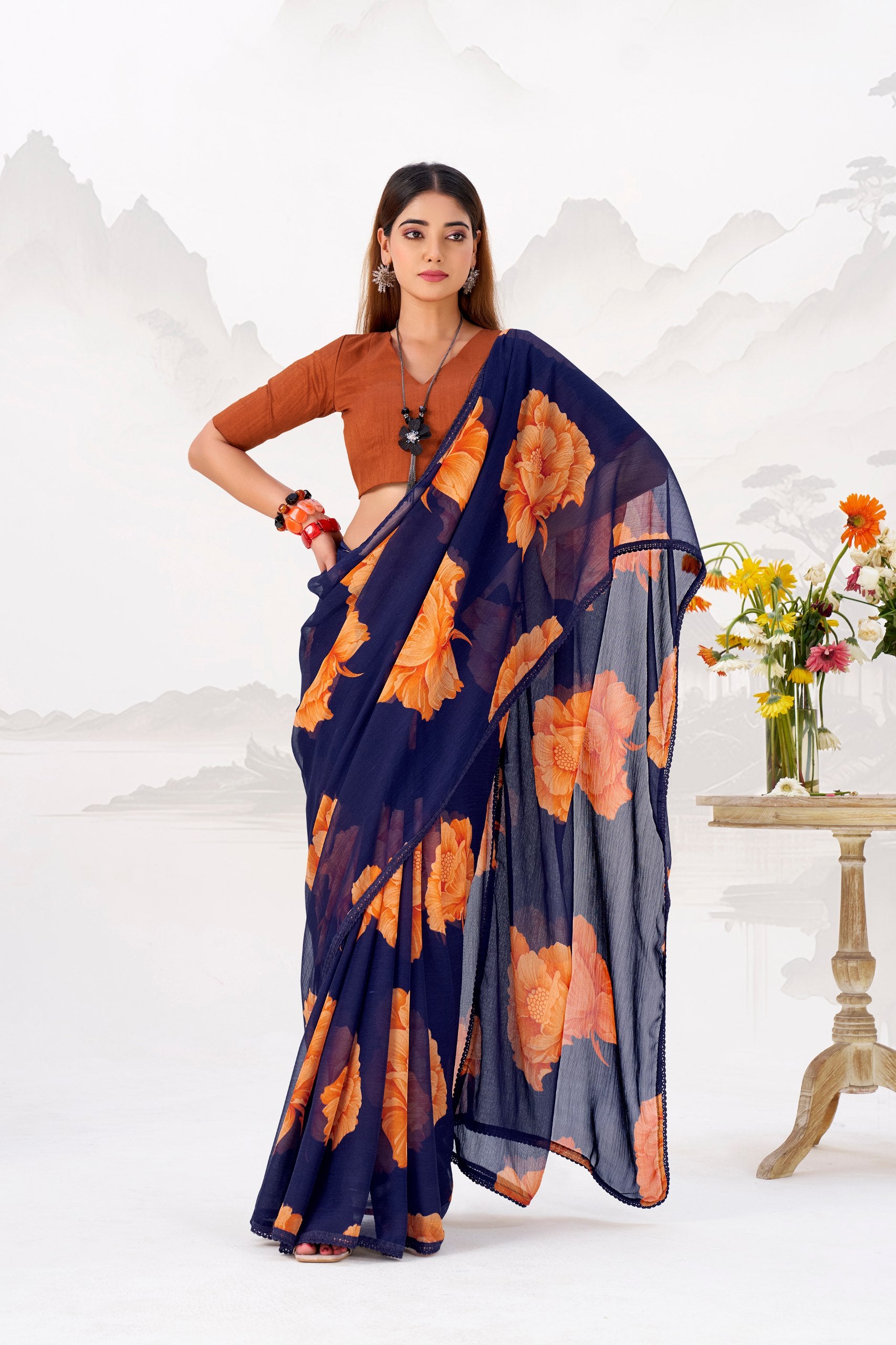 Floral Printed Chiffon Saree with Lace Border