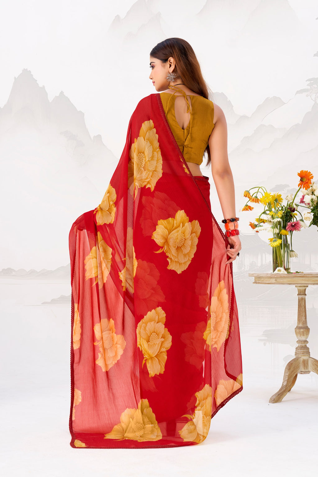 Floral Printed Chiffon Saree with Lace Border