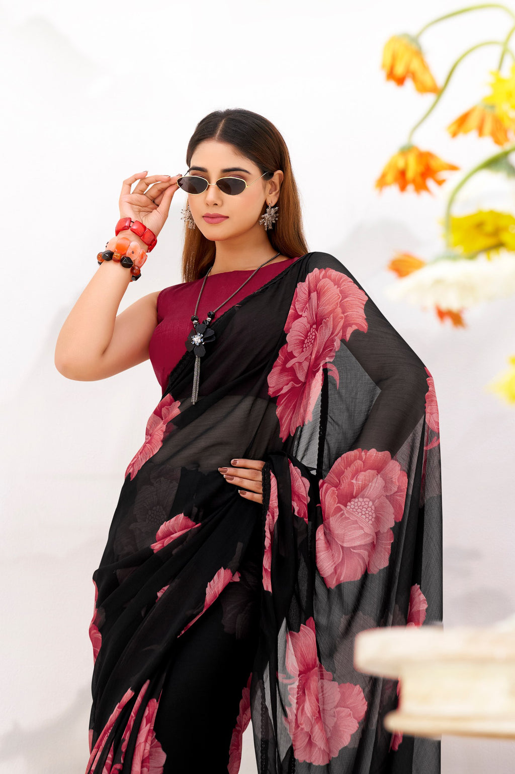 Floral Printed Chiffon Saree with Lace Border