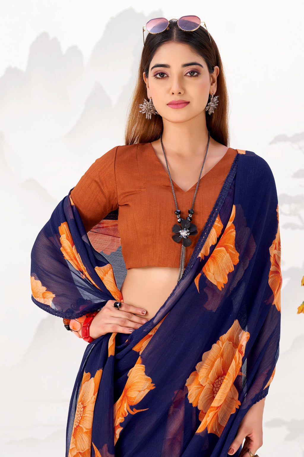 Floral Printed Chiffon Saree with Lace Border