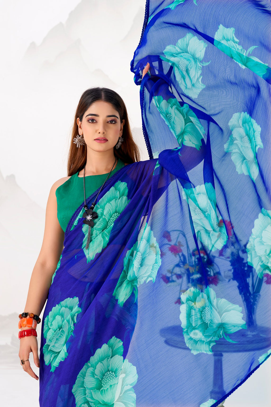 Floral Printed Chiffon Saree with Lace Border