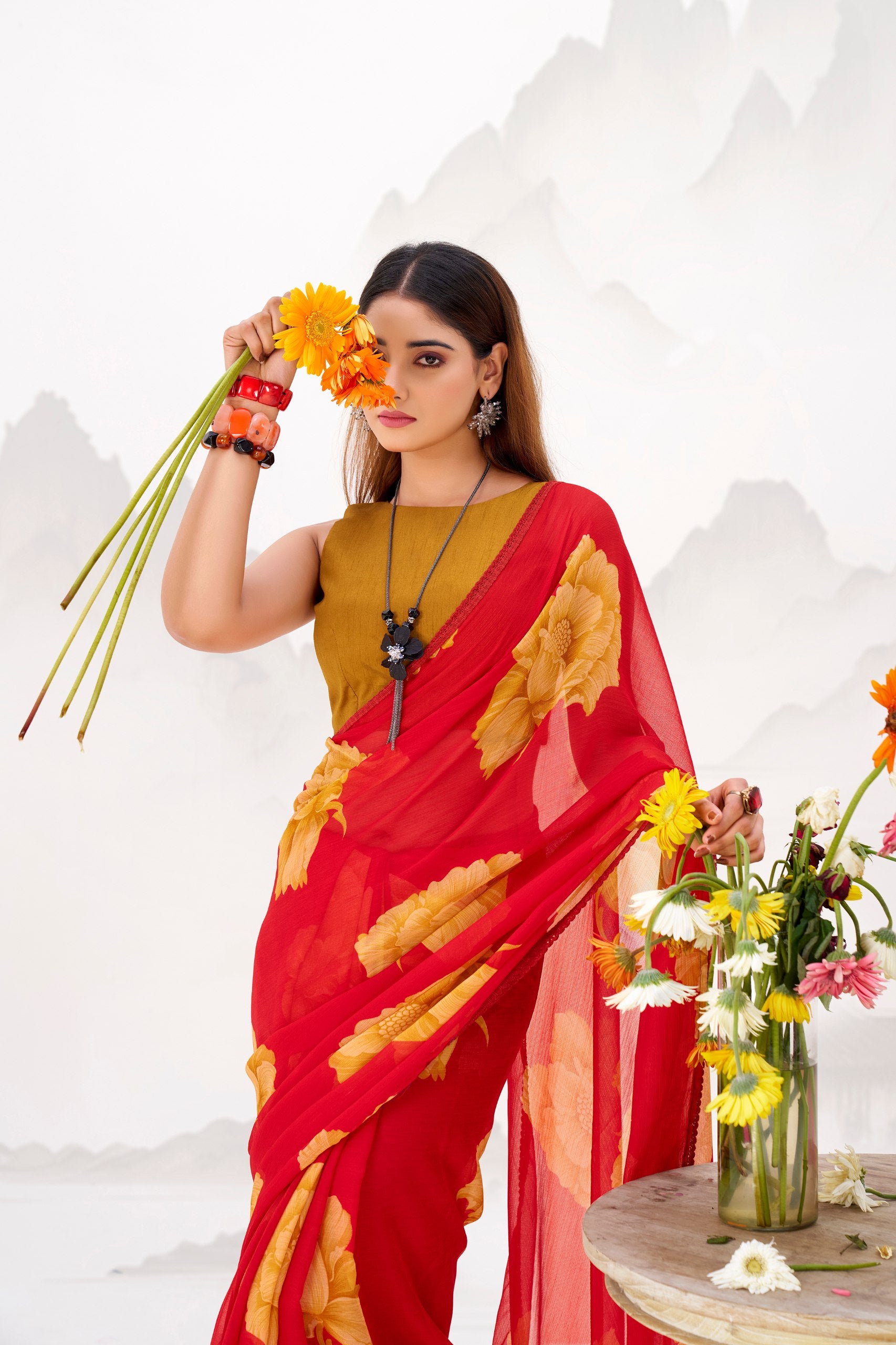 Floral Printed Chiffon Saree with Lace Border