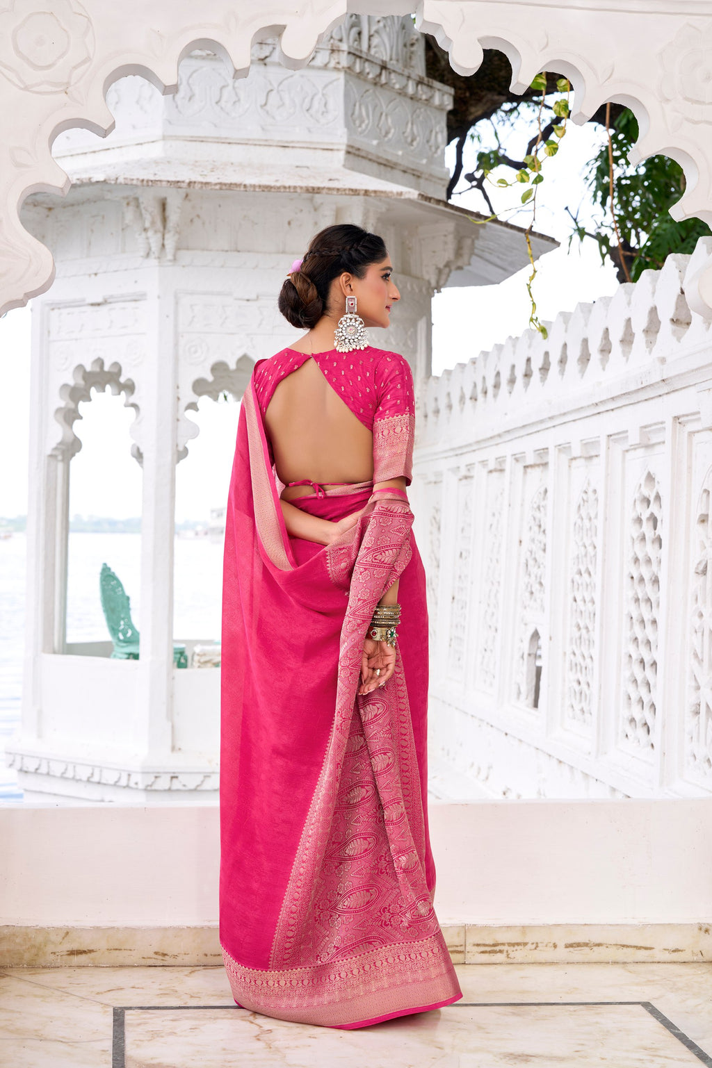 Self Printed Chinon Saree with Zari Weaving Work