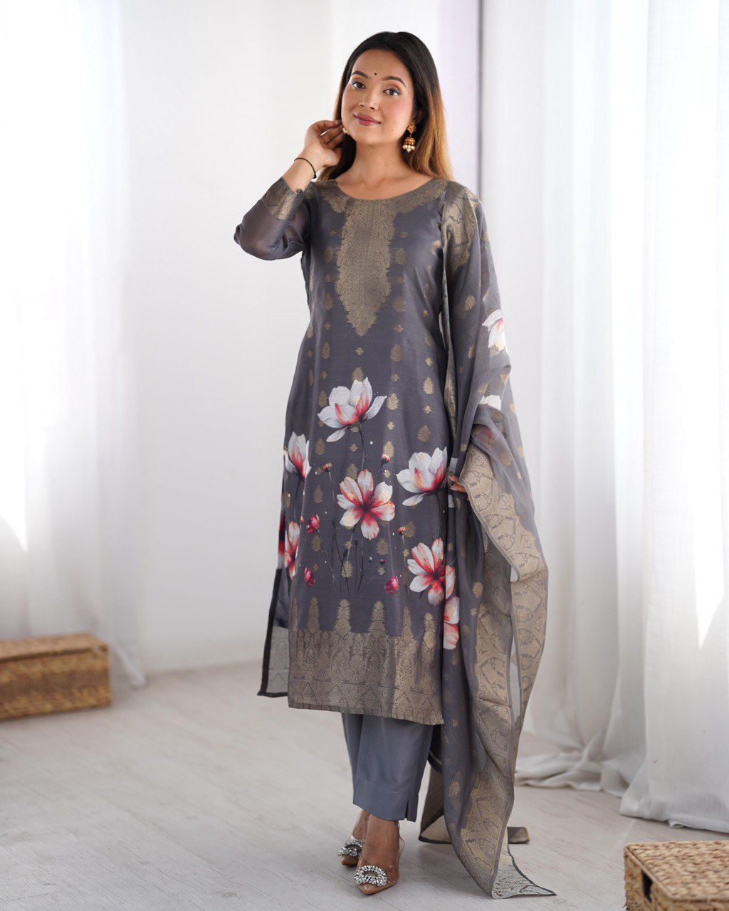 Chanderi Silk Kurta Pant Dupatta Set with Jacquard & Digital Print for Women