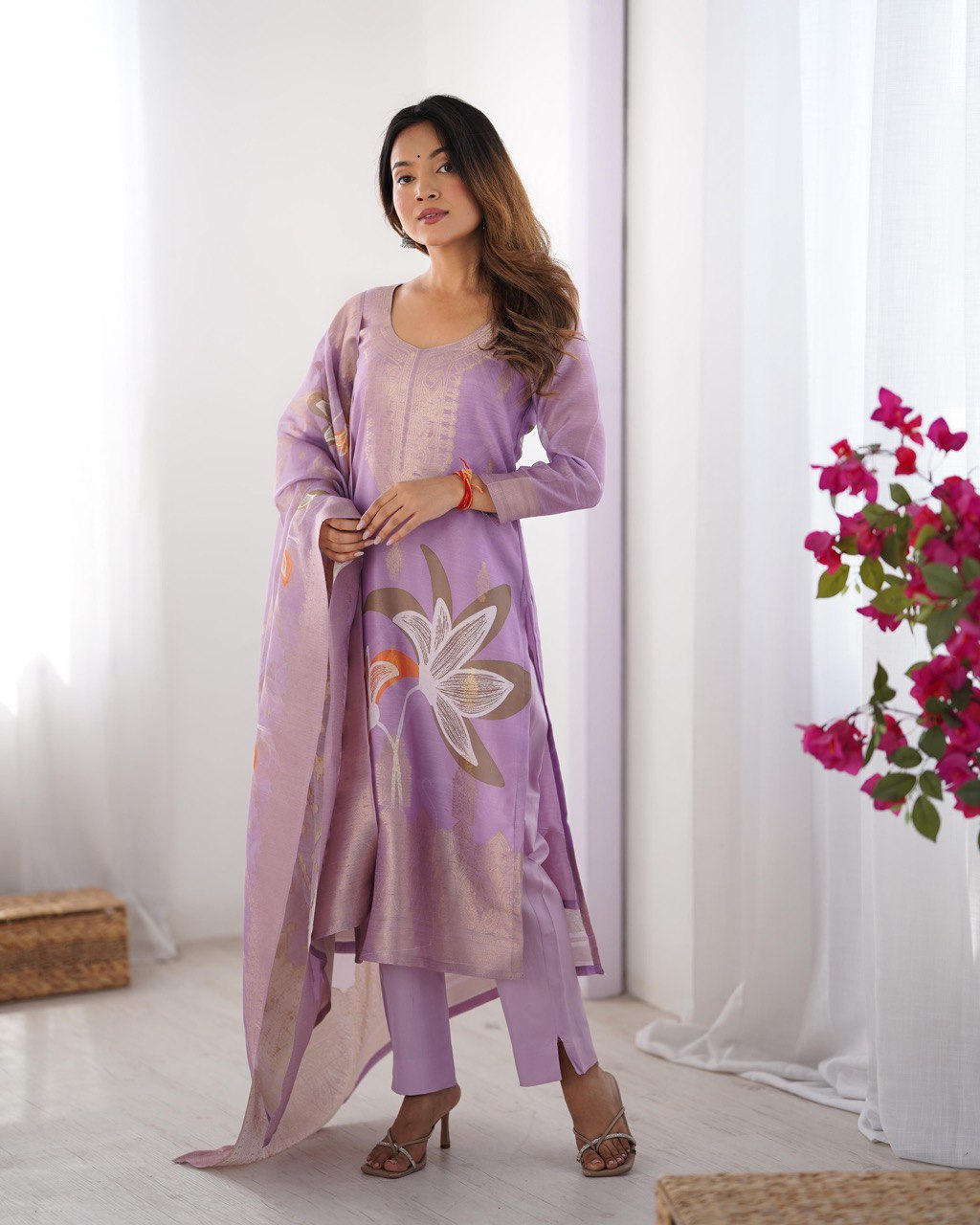 Chanderi Silk Kurta Pant Dupatta Set with Jacquard & Digital Print for Women