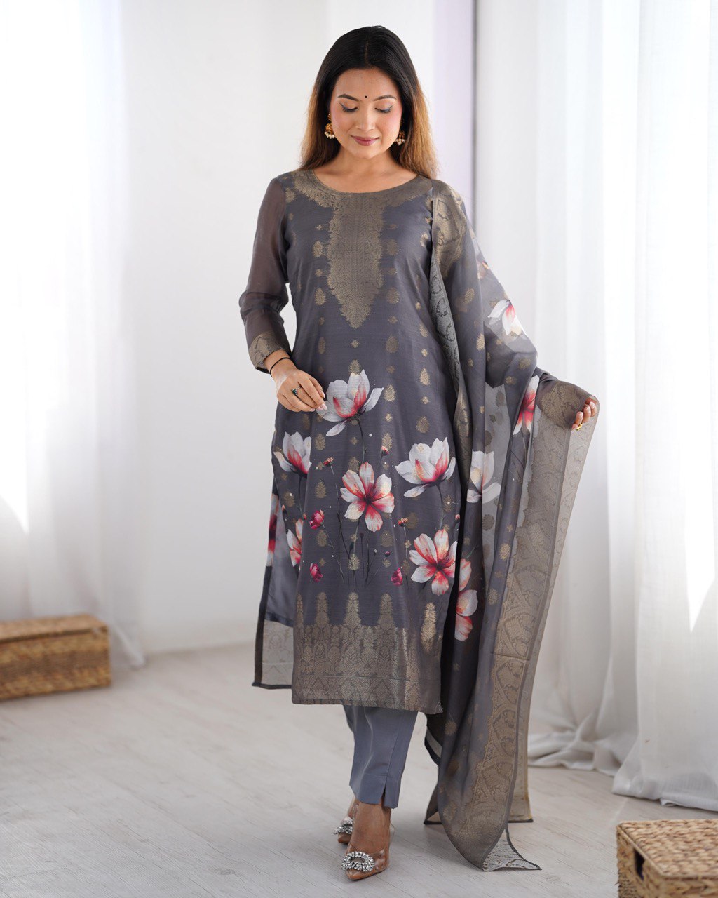 Chanderi Silk Kurta Pant Dupatta Set with Jacquard & Digital Print for Women