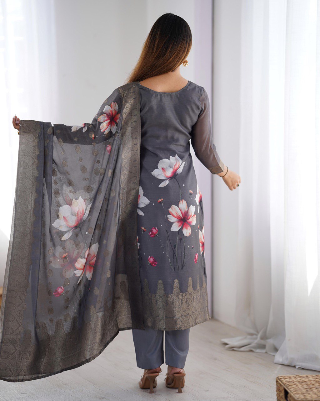 Chanderi Silk Kurta Pant Dupatta Set with Jacquard & Digital Print for Women