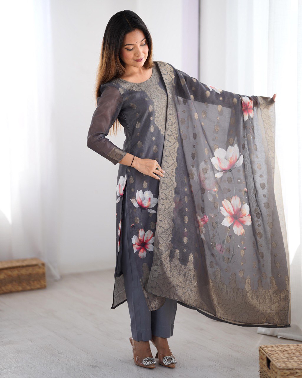 Chanderi Silk Kurta Pant Dupatta Set with Jacquard & Digital Print for Women
