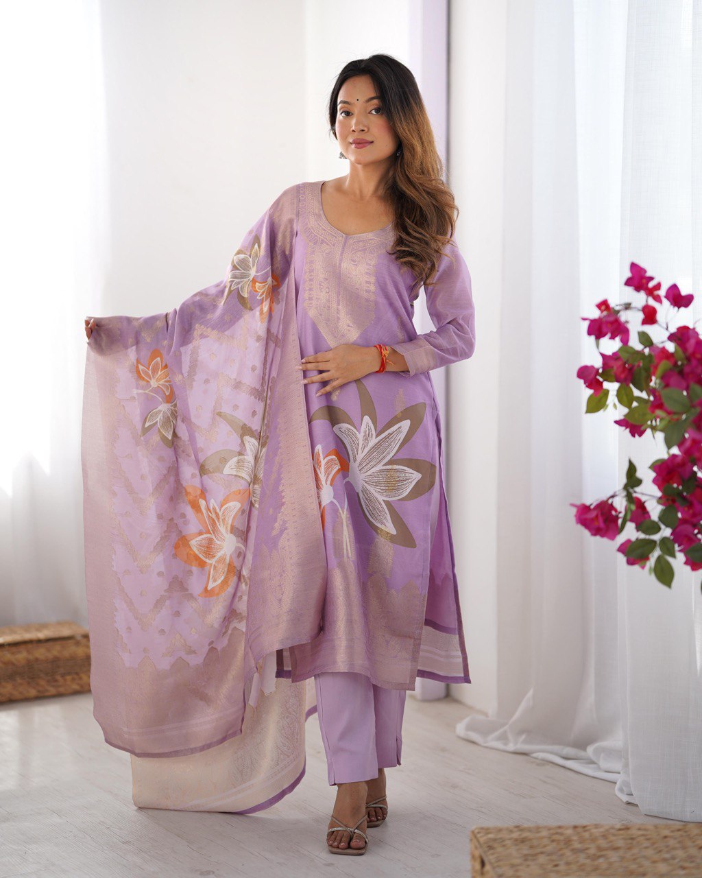 Chanderi Silk Kurta Pant Dupatta Set with Jacquard & Digital Print for Women