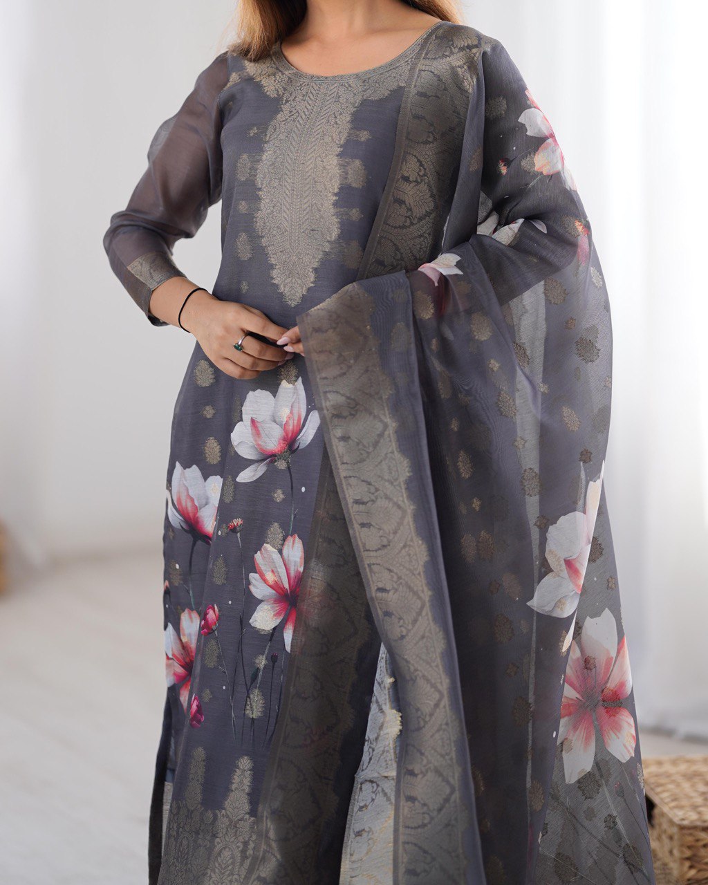 Chanderi Silk Kurta Pant Dupatta Set with Jacquard & Digital Print for Women