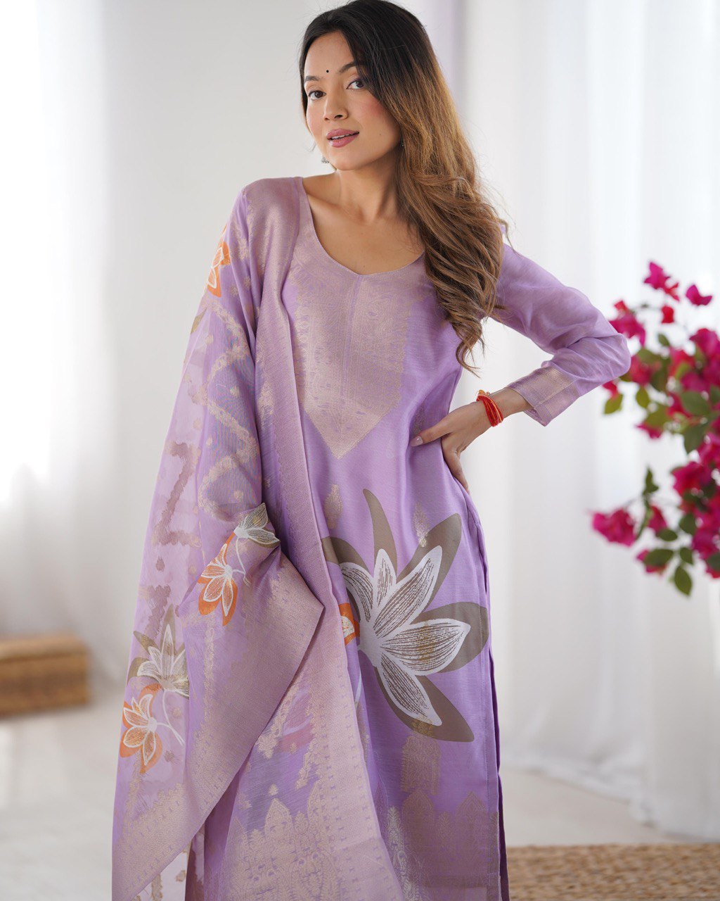 Chanderi Silk Kurta Pant Dupatta Set with Jacquard & Digital Print for Women