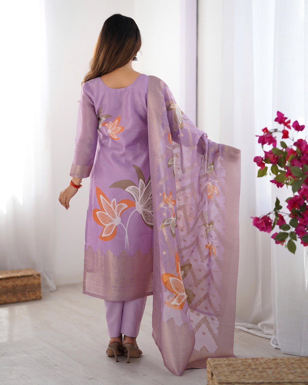Chanderi Silk Kurta Pant Dupatta Set with Jacquard & Digital Print for Women