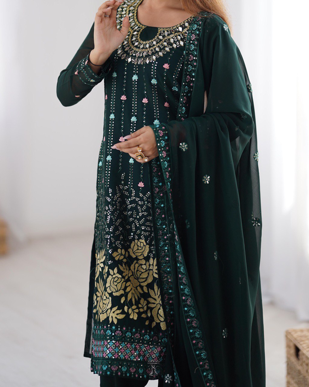 Faux Georgette Kurta Pant Dupatta Set with Mirror & Sequence Work for Women