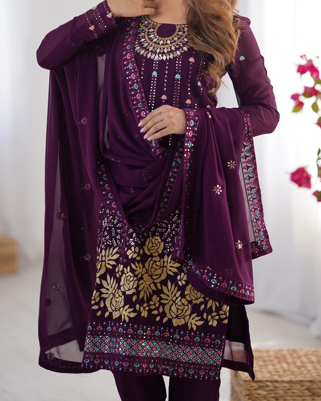 Faux Georgette Kurta Pant Dupatta Set with Mirror & Sequence Work for Women