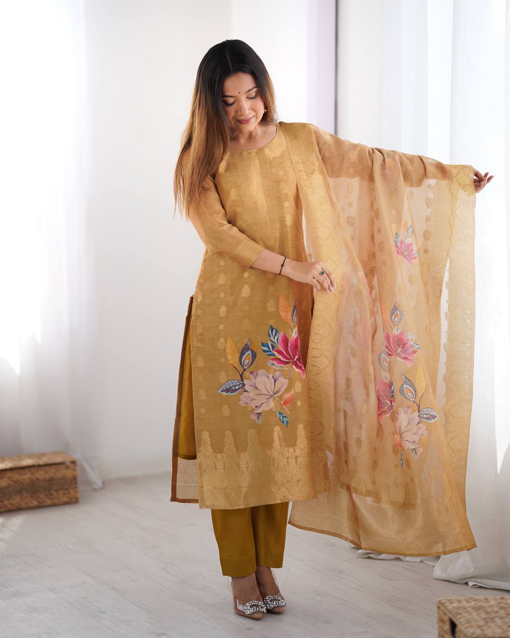 Chanderi Silk Kurta Pant Dupatta Set with Jacquard & Digital Print for Women