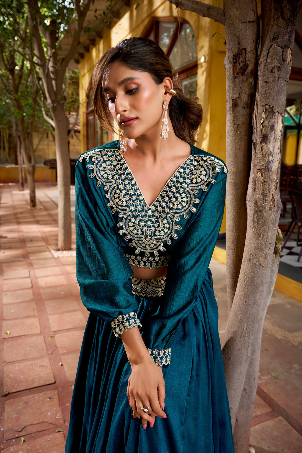 Stitched Vichitra Silk Lehenga Choli with Thread Embroidery Work for Women