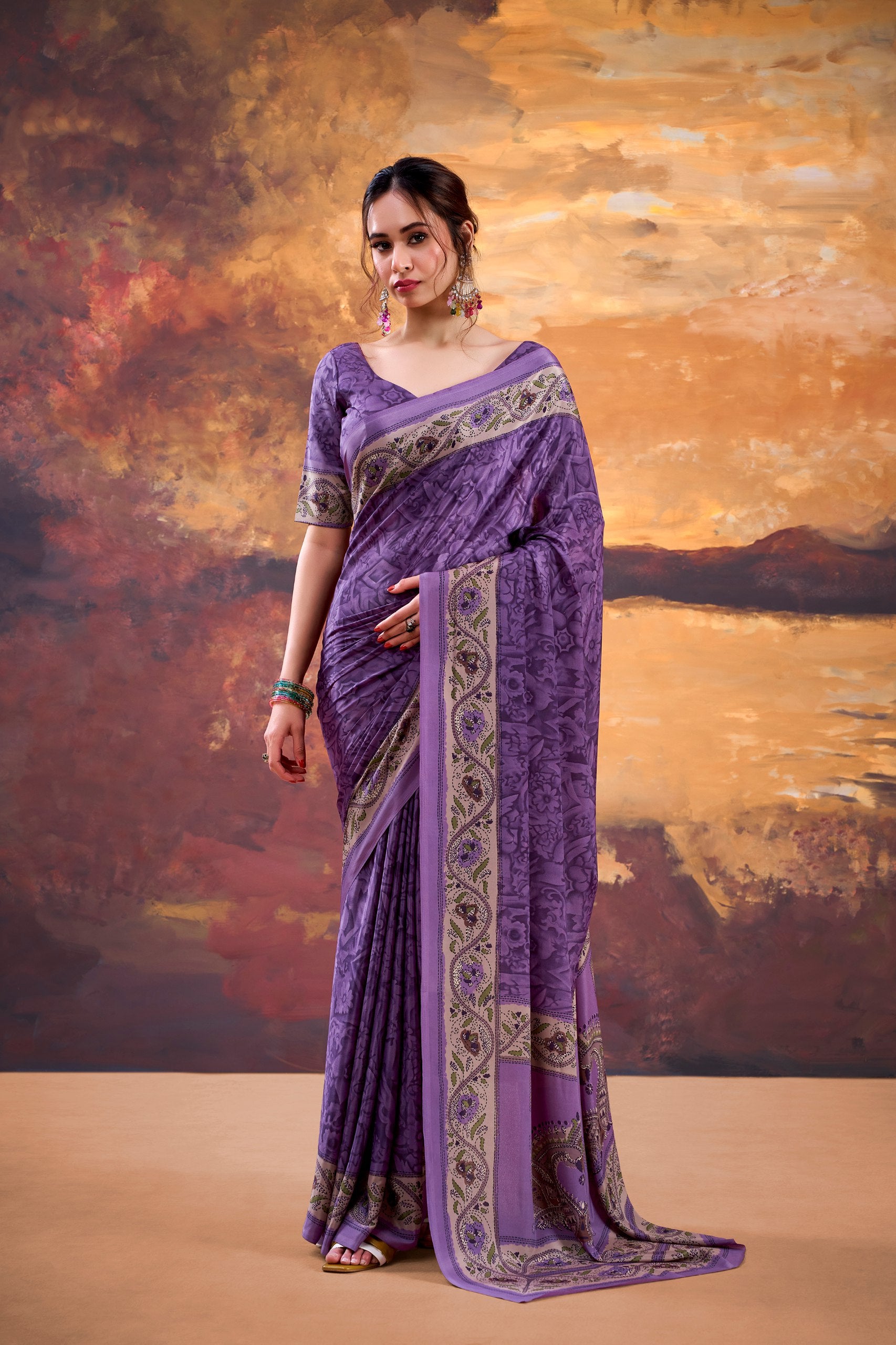 Elegant Printed Crepe Saree with Unstitched Blouse for Women