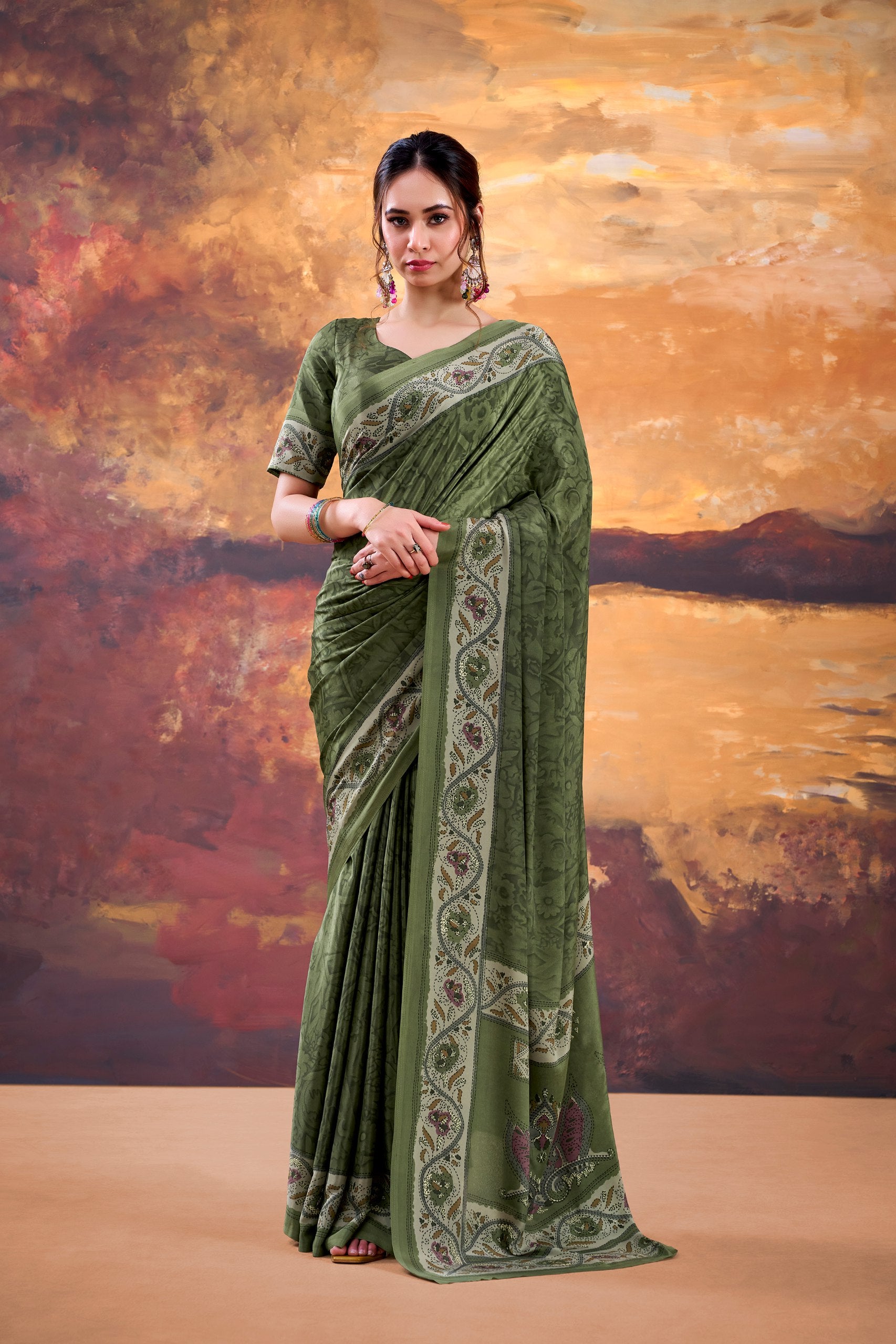 Printed Crepe Saree with Unstitched Blouse